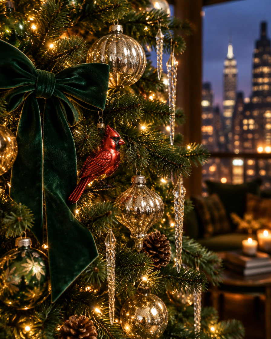 Christmas tree branch with vintage glass ornaments and velvet bow