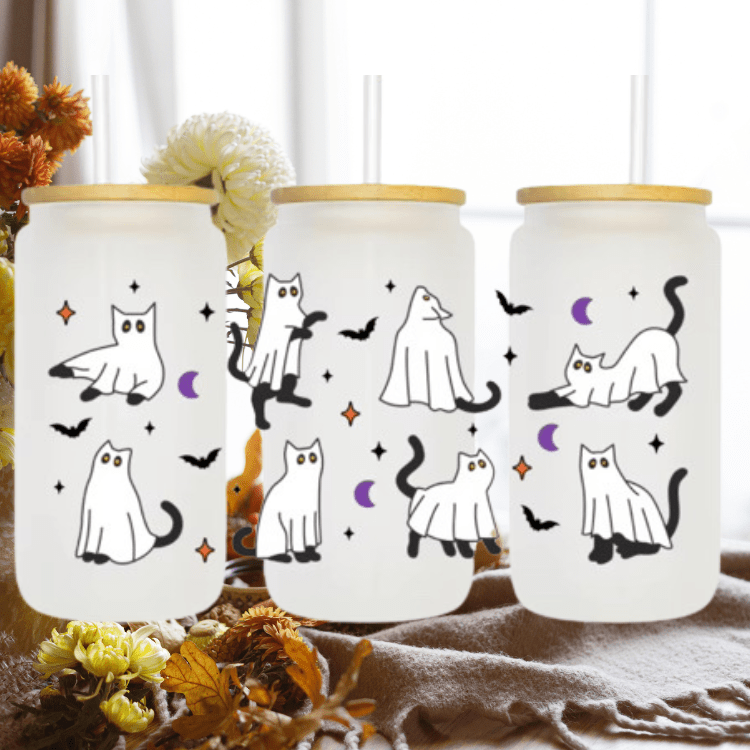 Ghost Cat Glass Can Cup 16 oz – Spooky Iced Coffee Glass