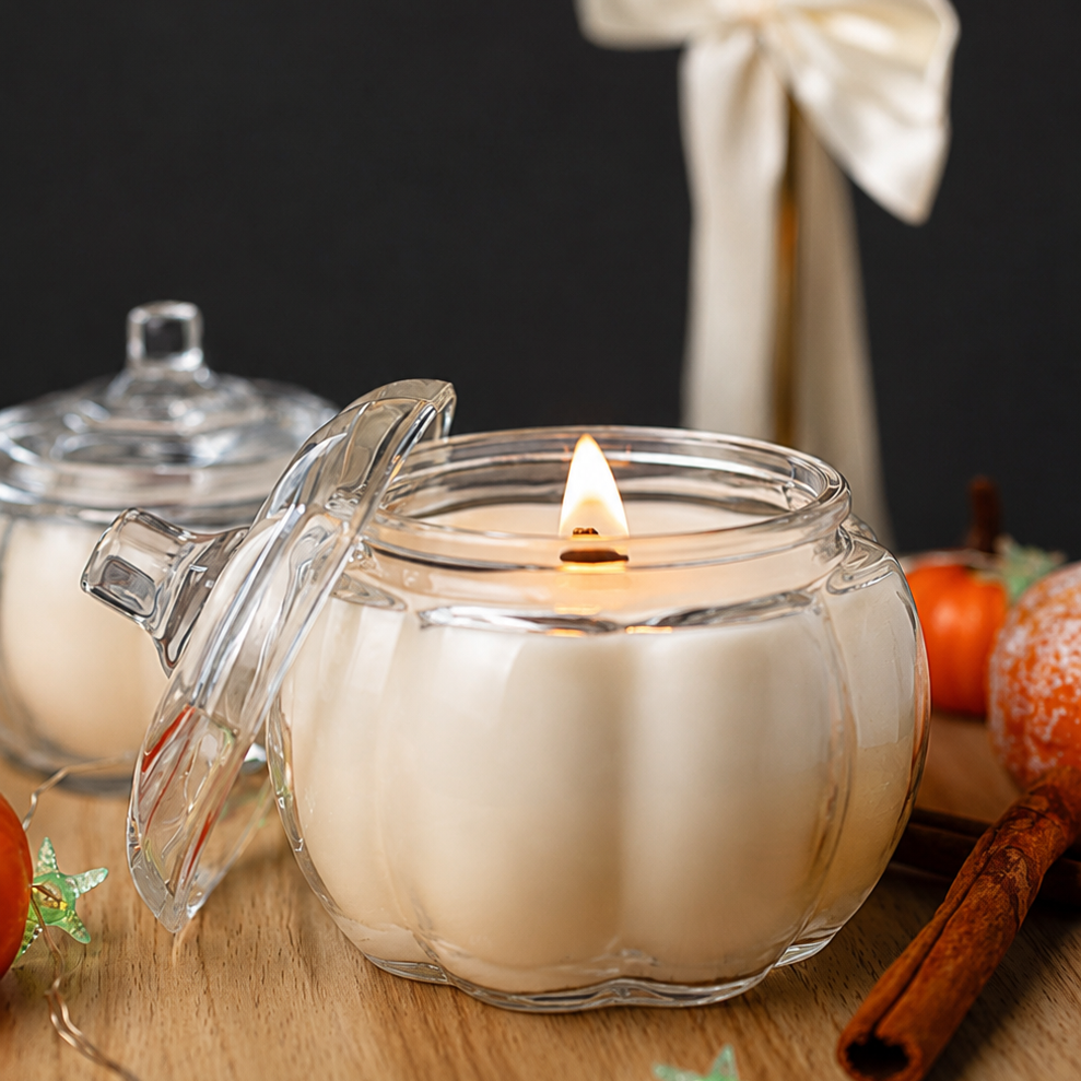Pumpkin Glass Soy Candle with Lid – Fall Scents, Wood Wick