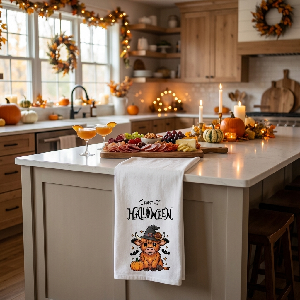 Highland Cow Halloween Kitchen Tea Towel 18x30