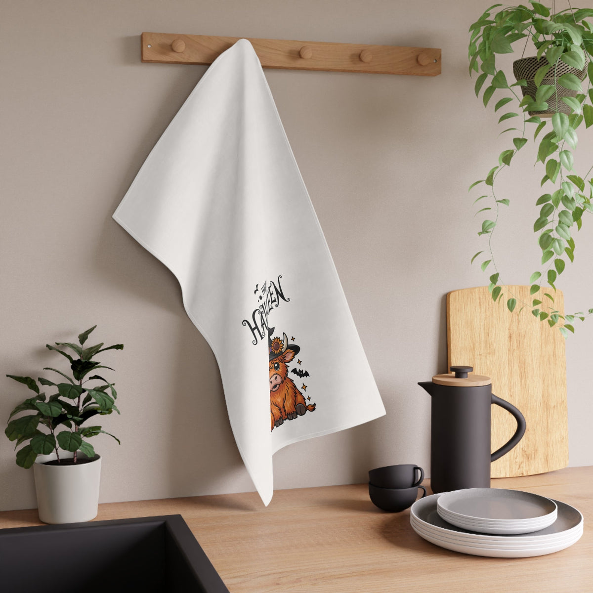 Highland Cow Halloween Kitchen Tea Towel 18x30