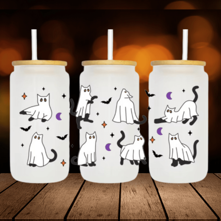 Ghost Cat Glass Can Cup 16 oz – Spooky Iced Coffee Glass