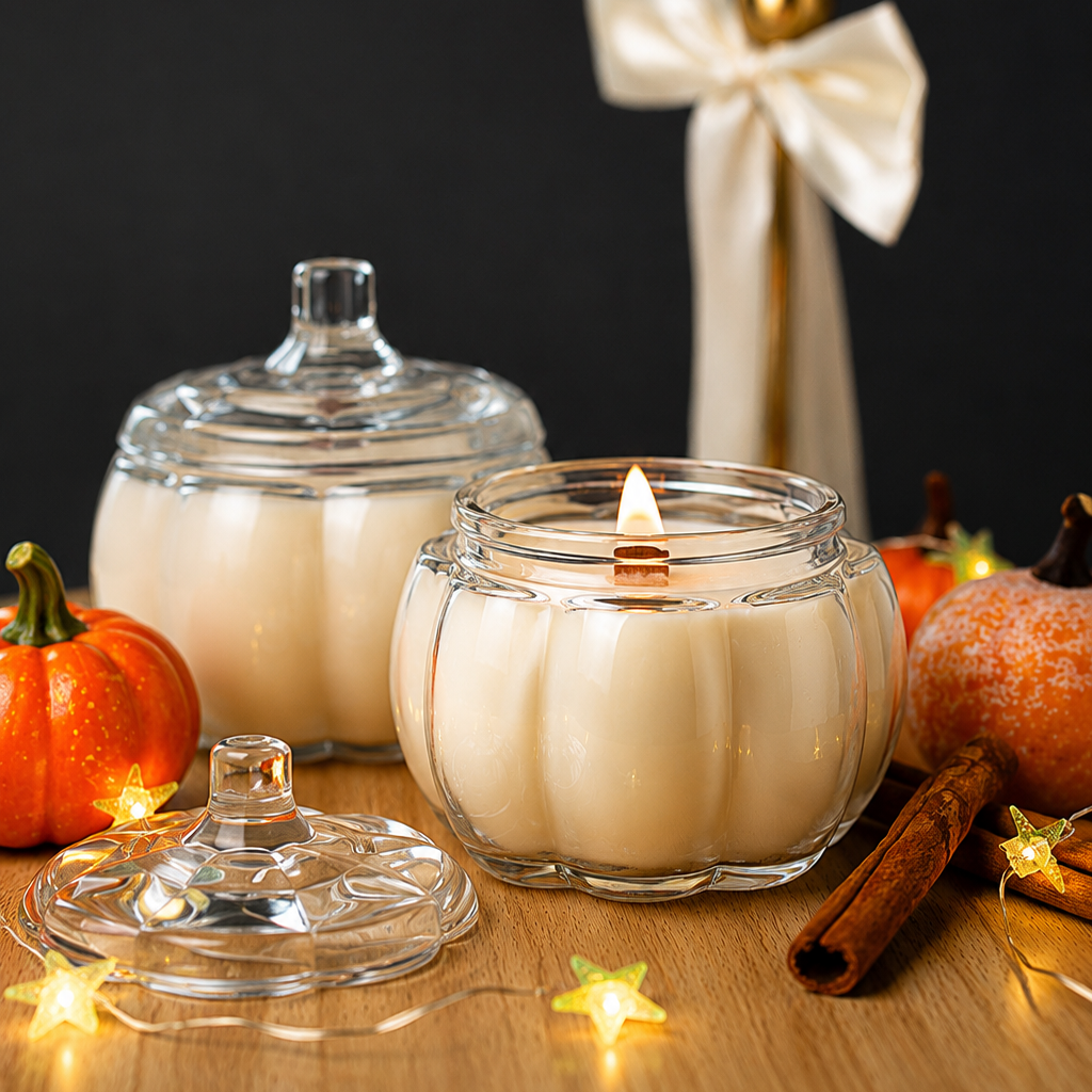 Pumpkin Glass Soy Candle with Lid – Fall Scents, Wood Wick