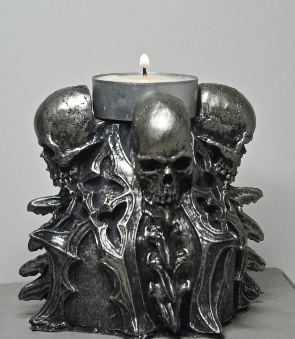 Gothic Skull Tea Light Holder – Hand-Painted Resin