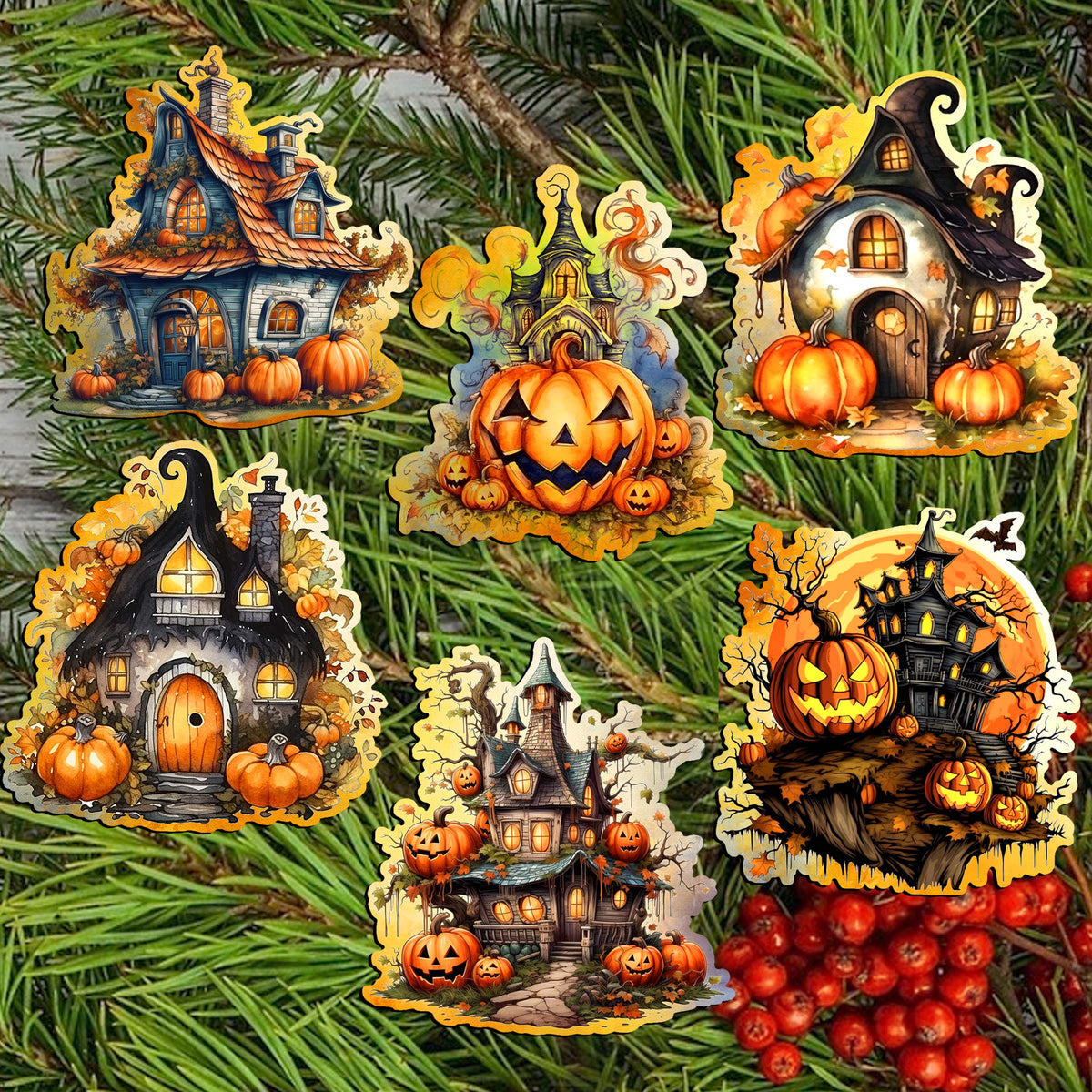 Spooky Houses Clip-On Wood Ornaments, Set of 6