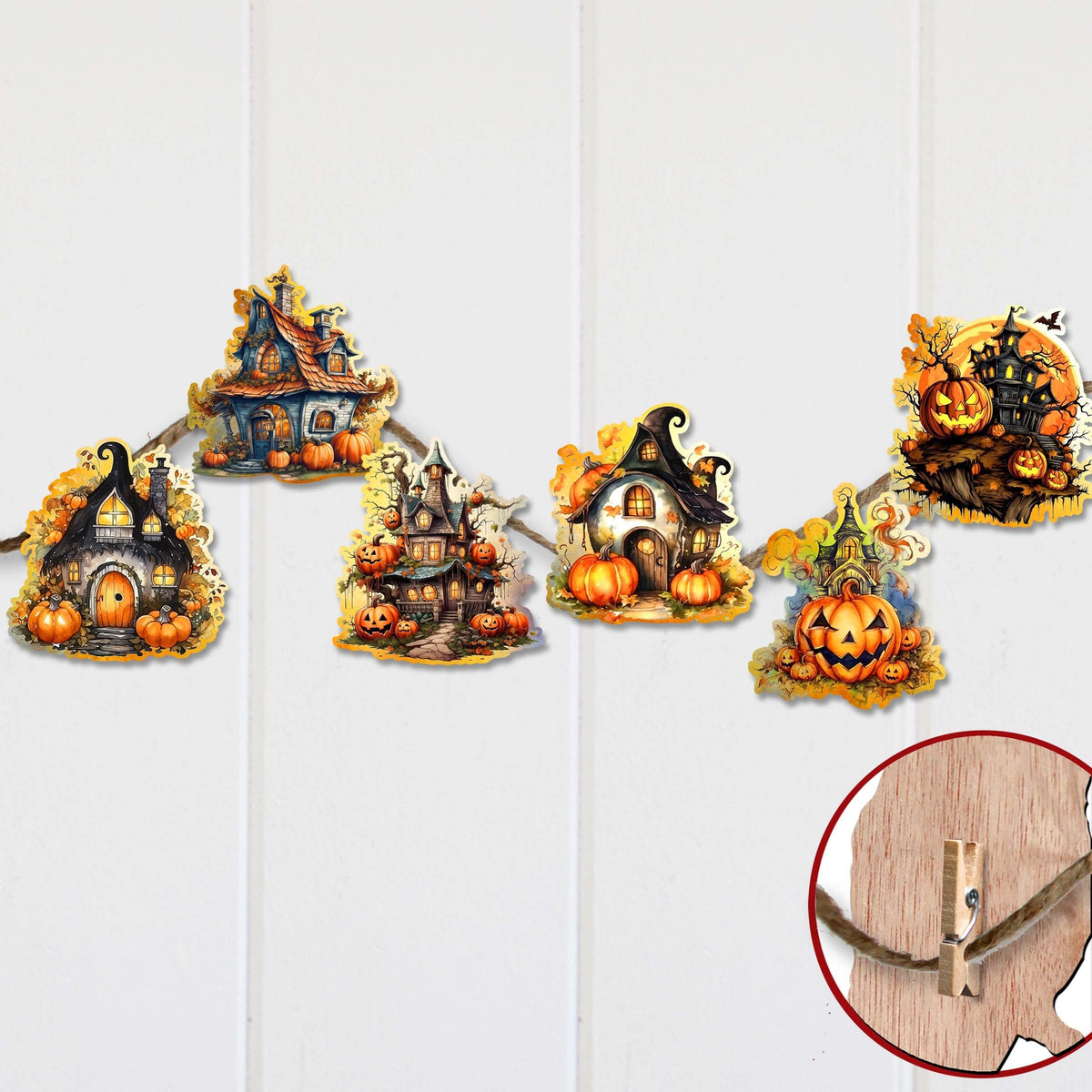 Spooky Houses Clip-On Wood Ornaments, Set of 6