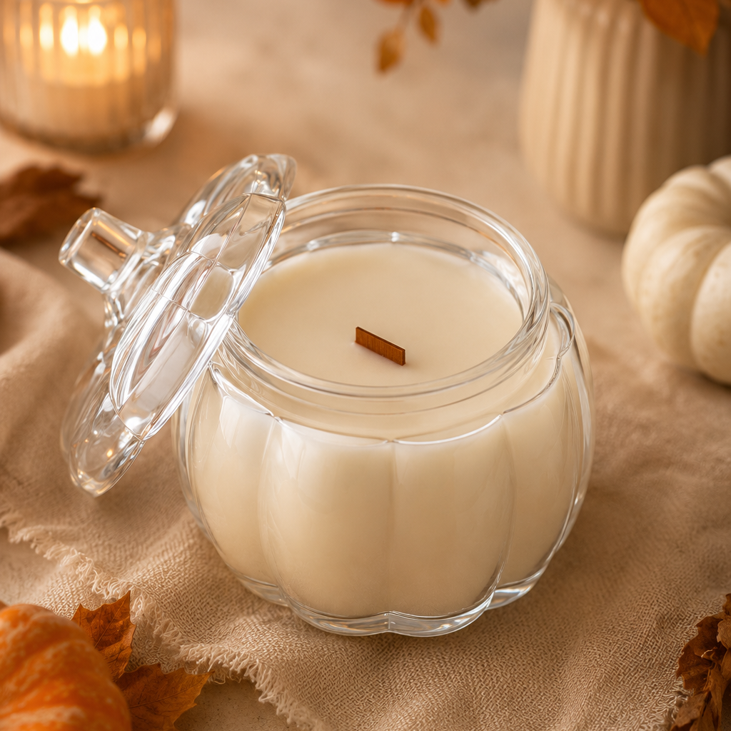 Pumpkin Glass Soy Candle with Lid – Fall Scents, Wood Wick