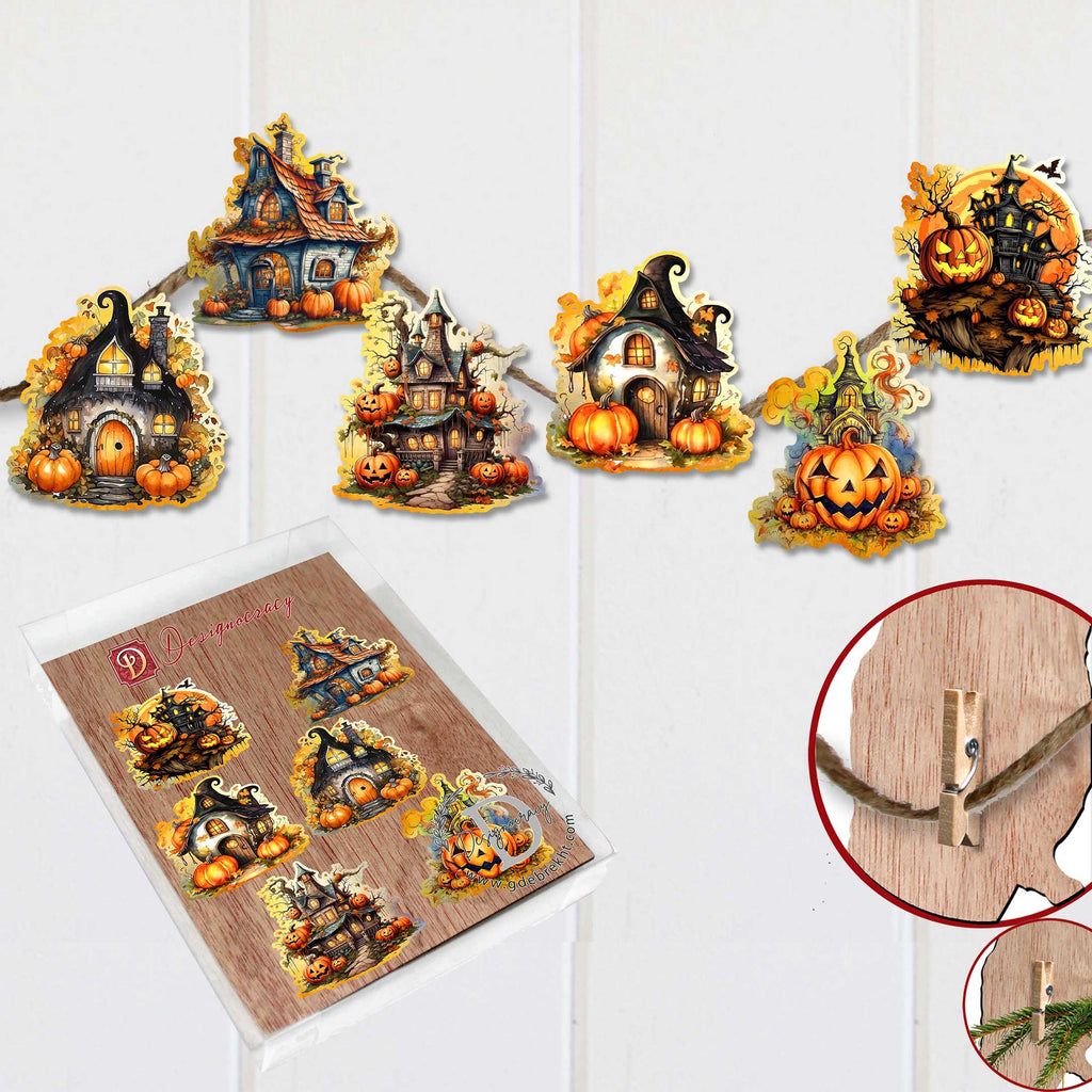 Spooky Houses Clip-On Wood Ornaments, Set of 6