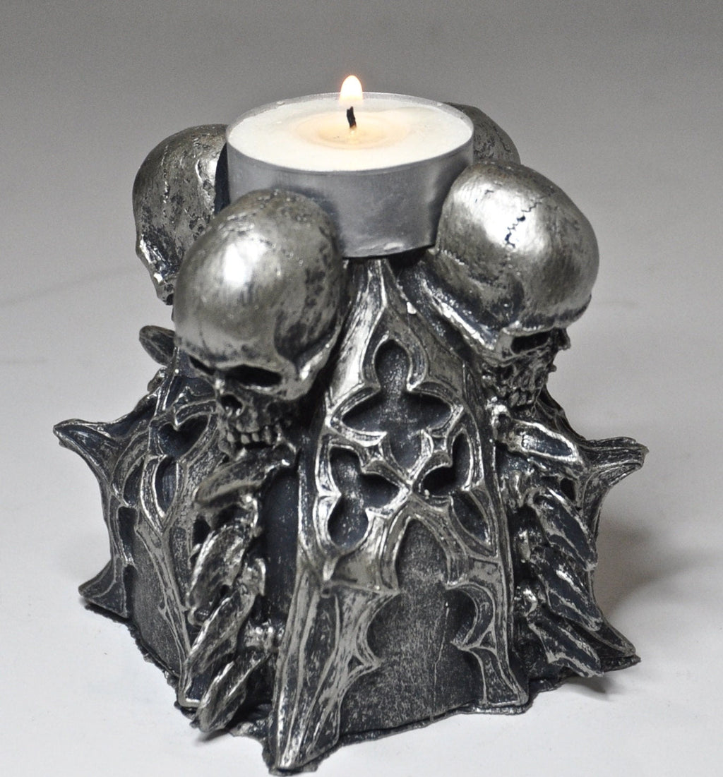 Gothic Skull Tea Light Holder – Hand-Painted Resin