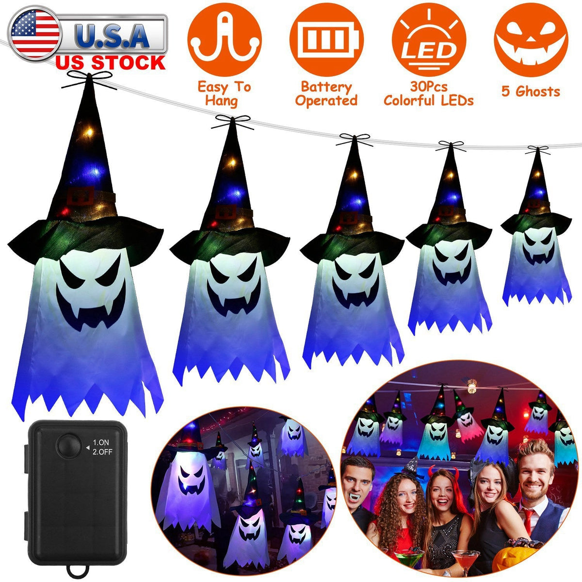 Ghost & Witch Hat Hanging Lantern String Lights – 11.6 ft