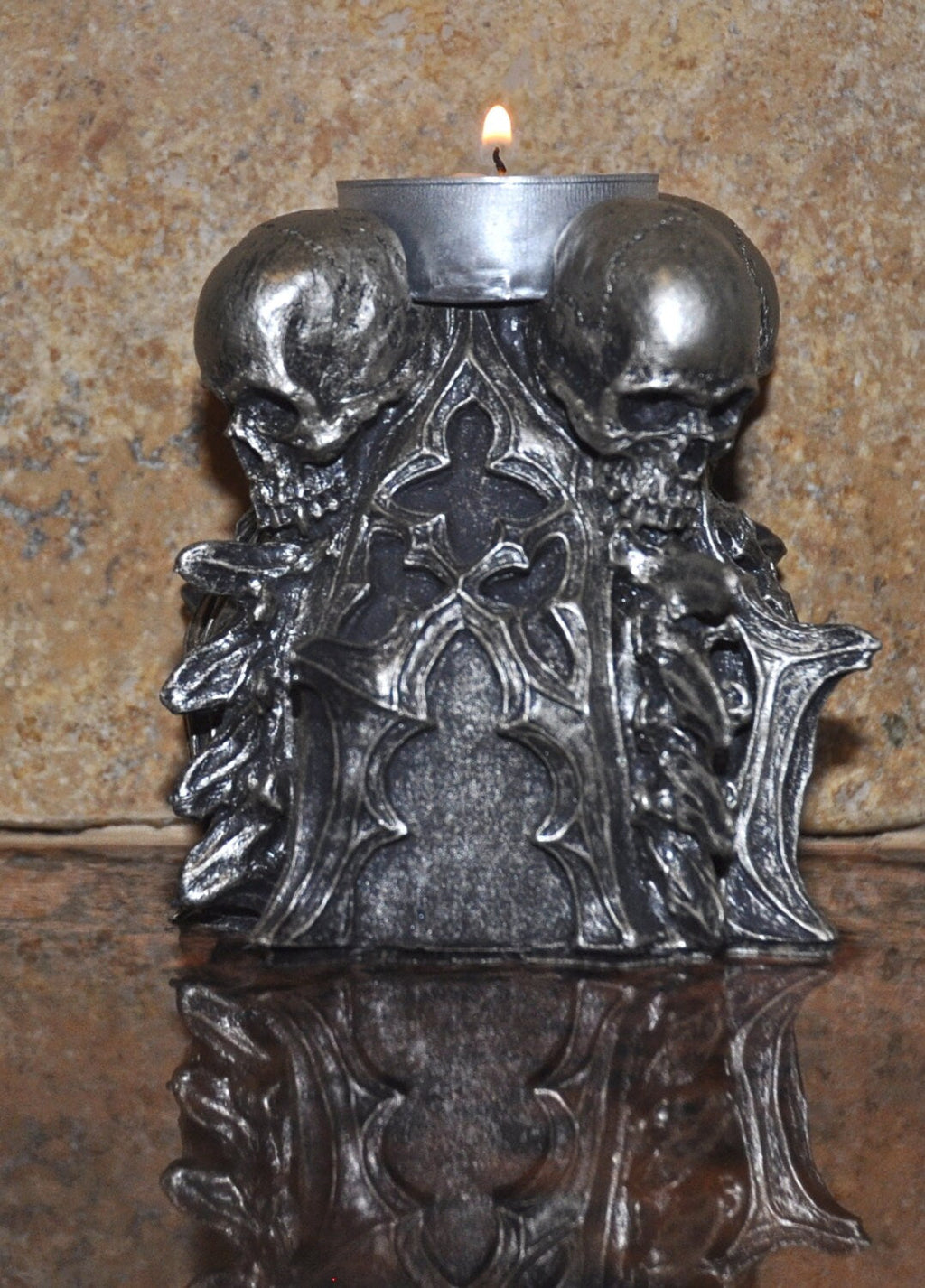 Gothic Skull Tea Light Holder – Hand-Painted Resin