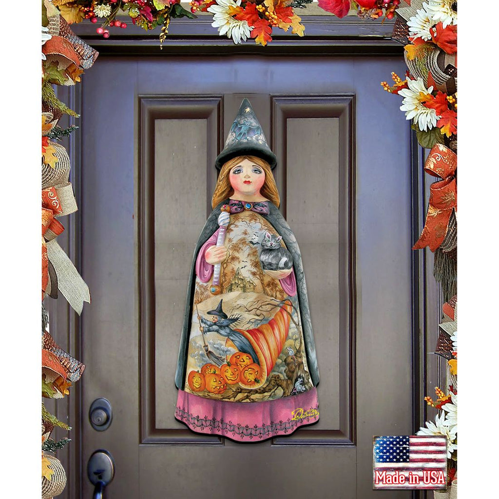 Witch & Pumpkins Wooden Door Hanger – Halloween Decor