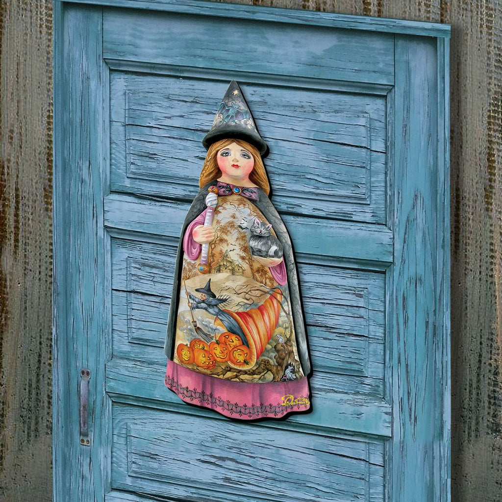 Witch & Pumpkins Wooden Door Hanger – Halloween Decor