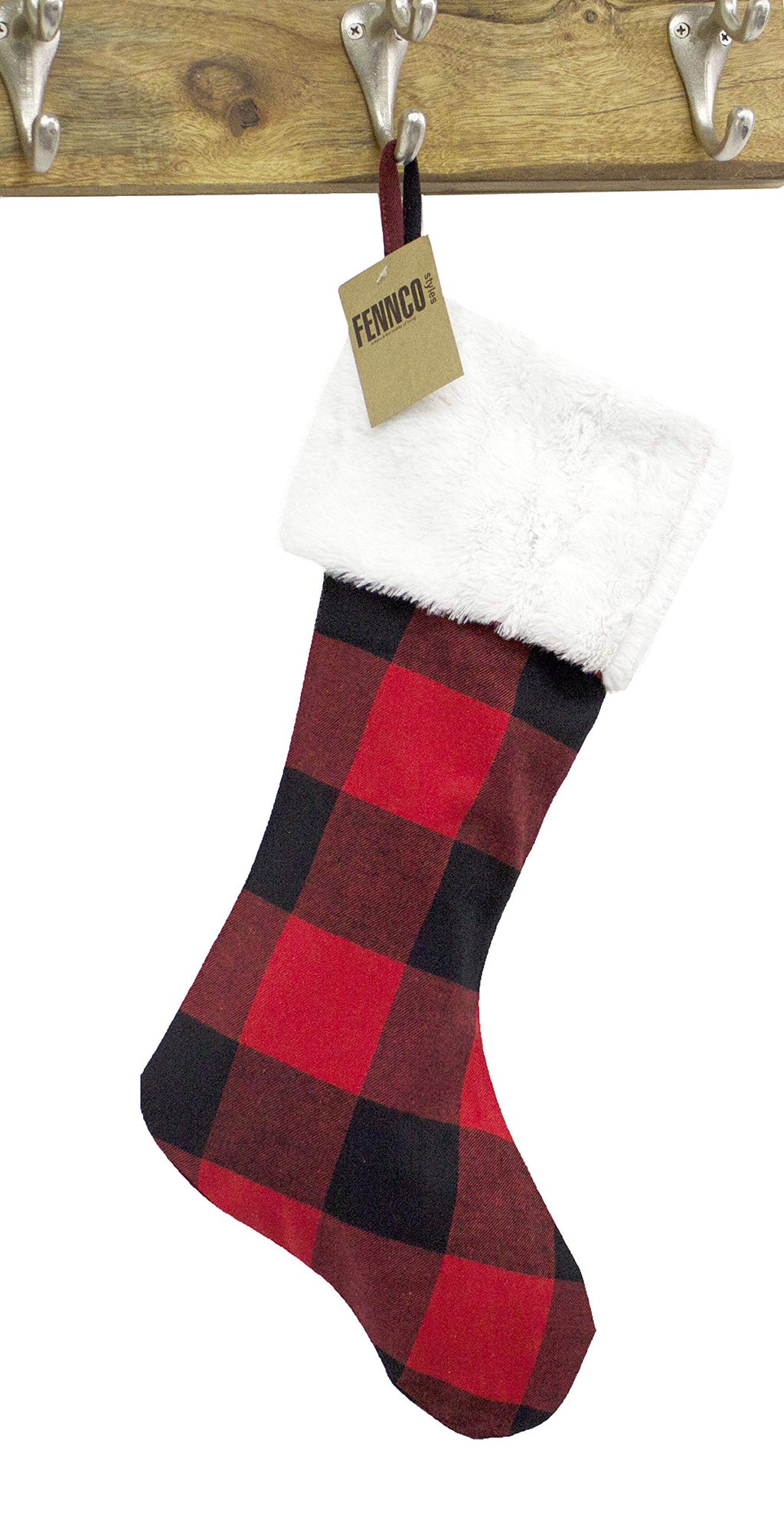 Fennco Styles Red and Black Buffalo Plaid with White Faux Fur Design Christmas Stocking 13" W x 19" L - Festive Hanging Stocking for Home, Christmas Tree, Fireplace, Office and School Décor