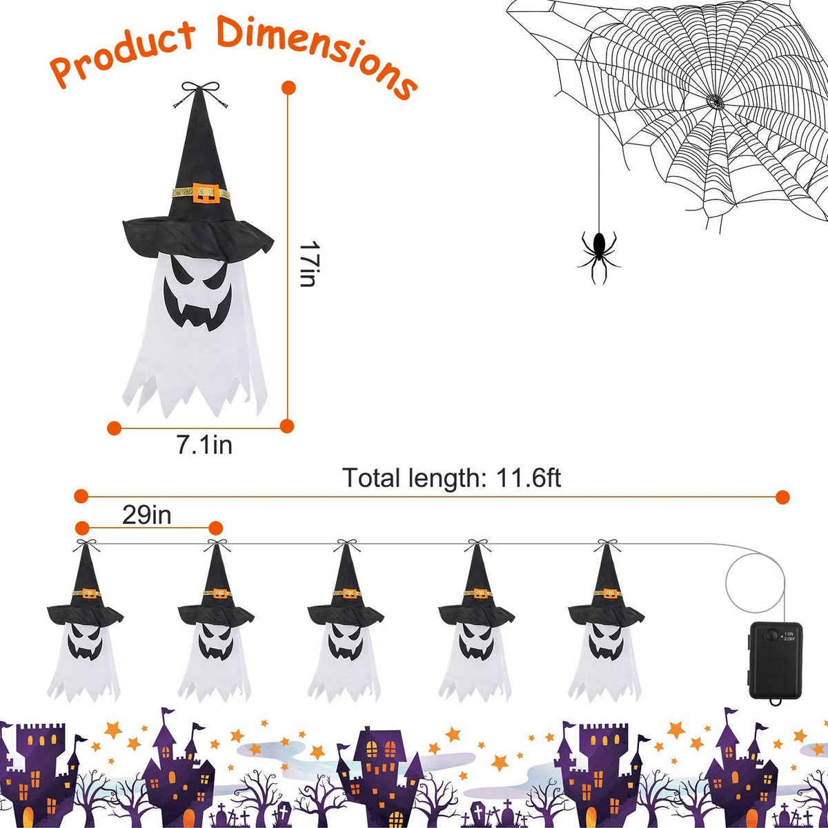 Ghost & Witch Hat Hanging Lantern String Lights – 11.6 ft