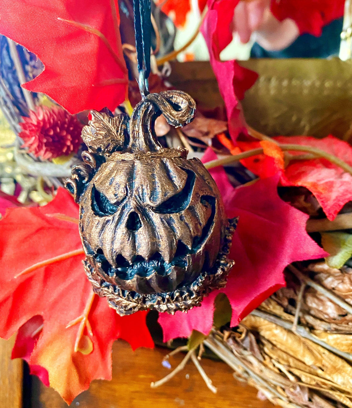 Jack O' Lantern Ornament, Hand Painted Resin Sculpture | Gothic Halloween Pumpkin Figurine | Dark Witchy Art for Spooky Holiday Decor