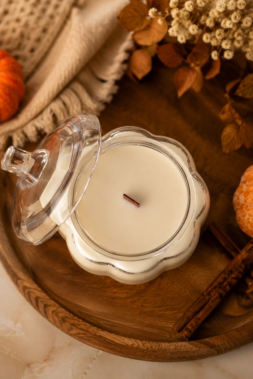Pumpkin Glass Soy Candle with Lid – Fall Scents, Wood Wick