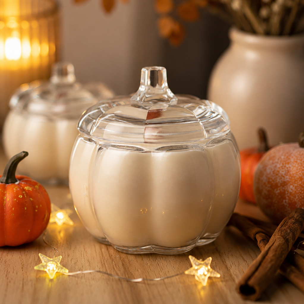 Pumpkin Glass Soy Candle with Lid – Fall Scents, Wood Wick