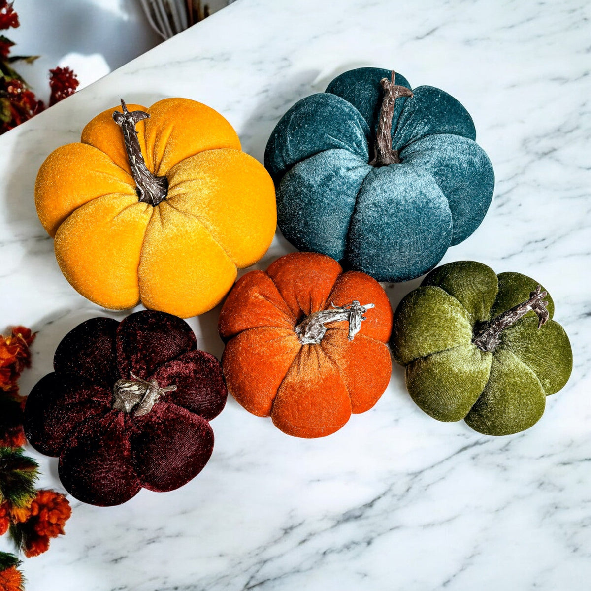 Velvet Pumpkins – Jewel-Tone Fall Mantel Decor