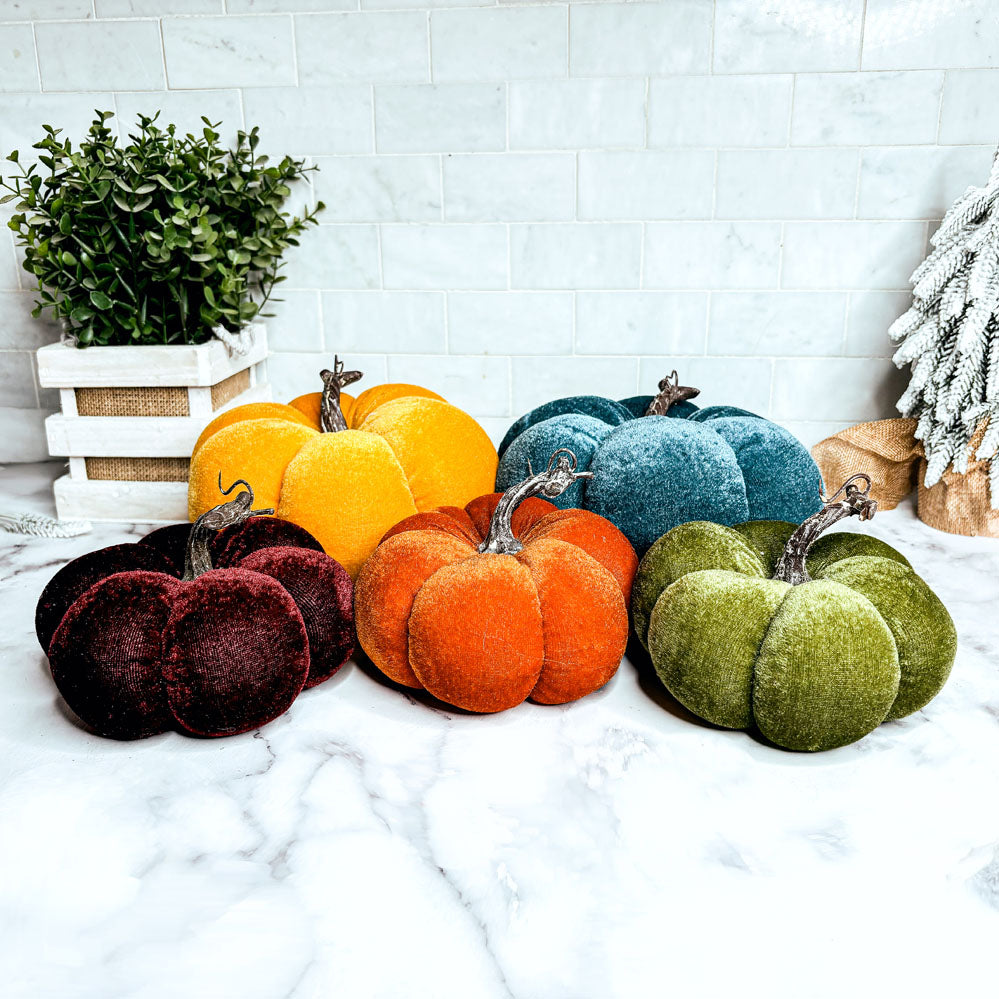 Velvet Pumpkins – Jewel-Tone Fall Mantel Decor