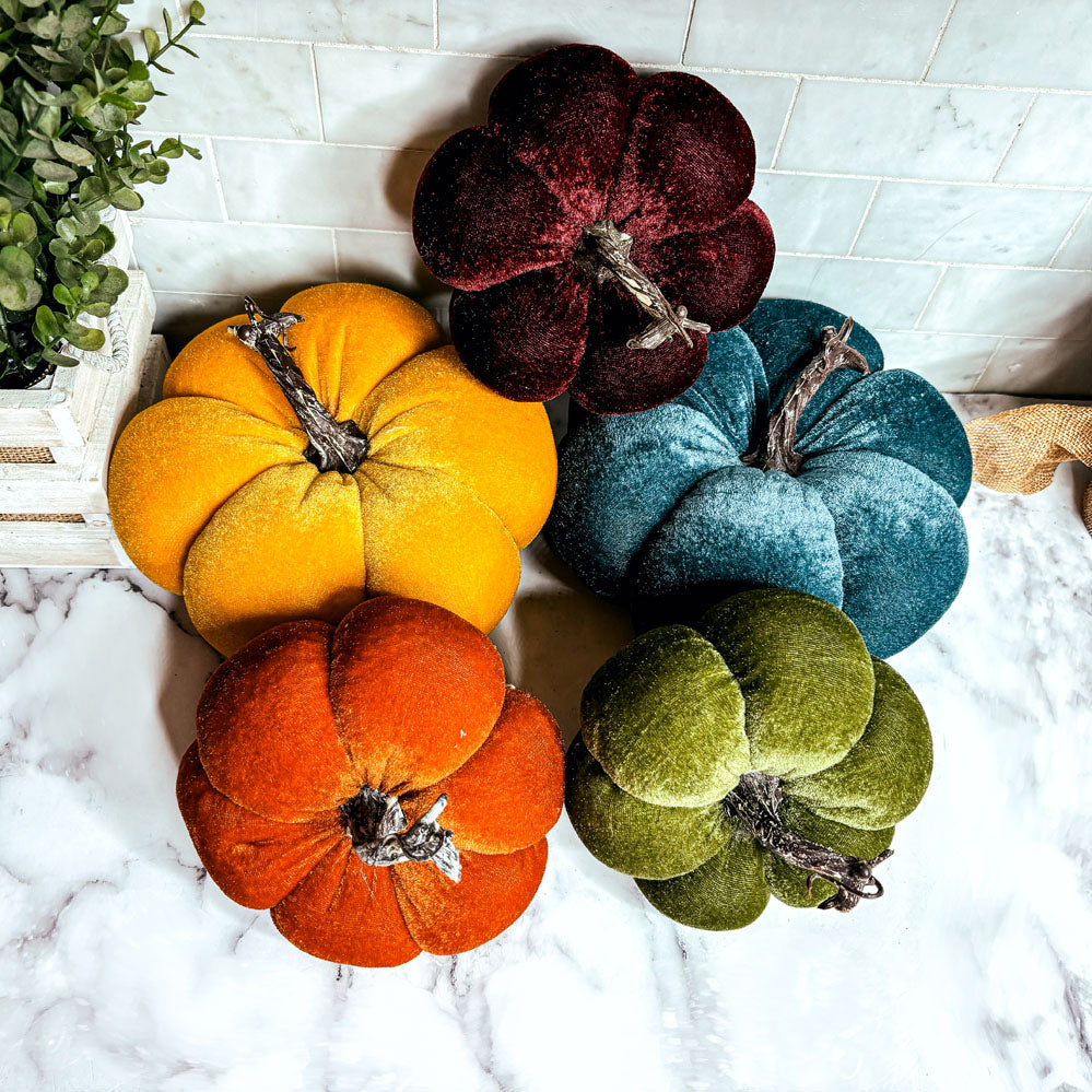 Velvet Pumpkins – Jewel-Tone Fall Mantel Decor