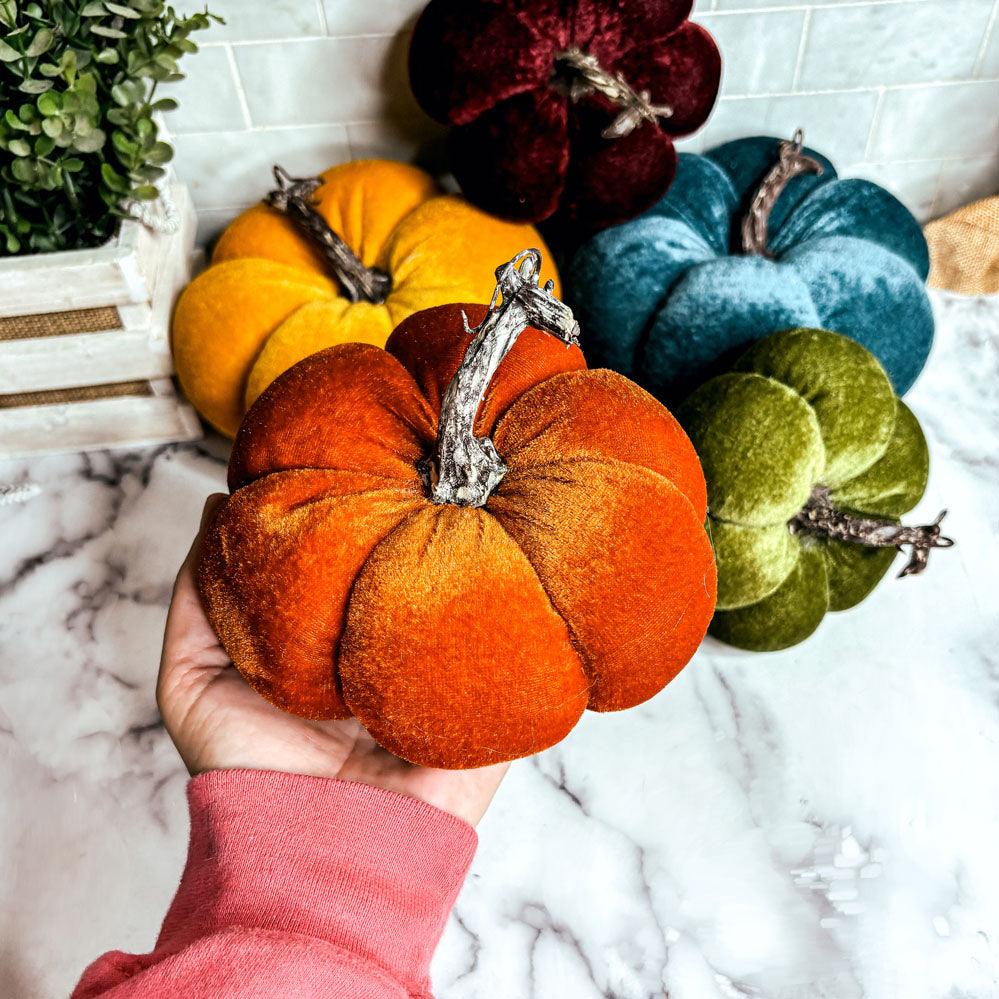 Velvet Pumpkins – Jewel-Tone Fall Mantel Decor