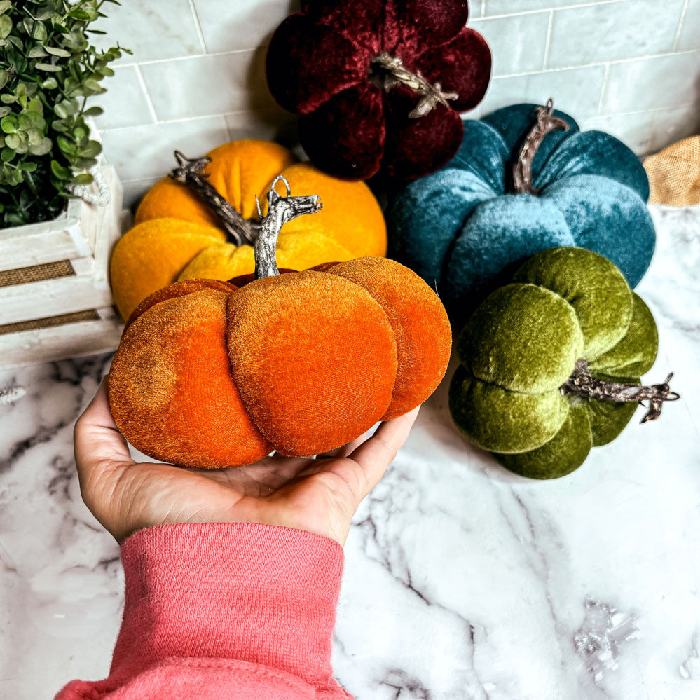 Velvet Pumpkins – Jewel-Tone Fall Mantel Decor