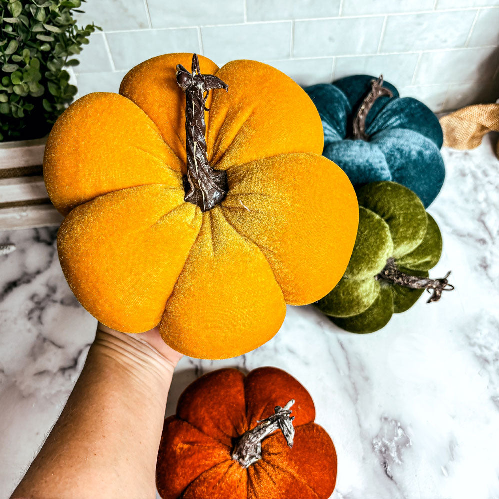 Velvet Pumpkins – Jewel-Tone Fall Mantel Decor