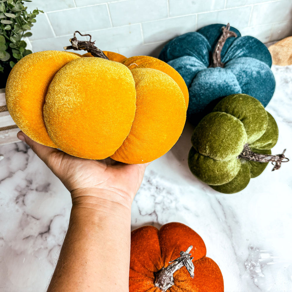 Velvet Pumpkins – Jewel-Tone Fall Mantel Decor