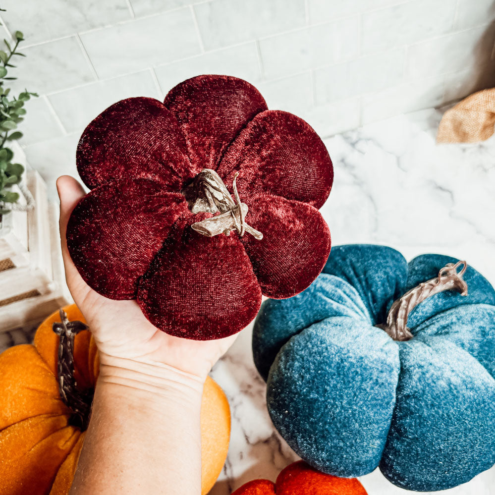 Velvet Pumpkins – Jewel-Tone Fall Mantel Decor