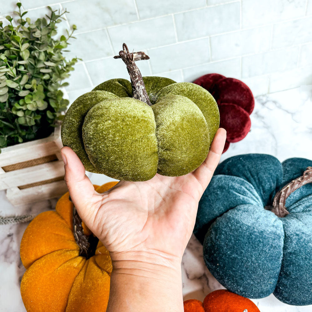 Velvet Pumpkins – Jewel-Tone Fall Mantel Decor