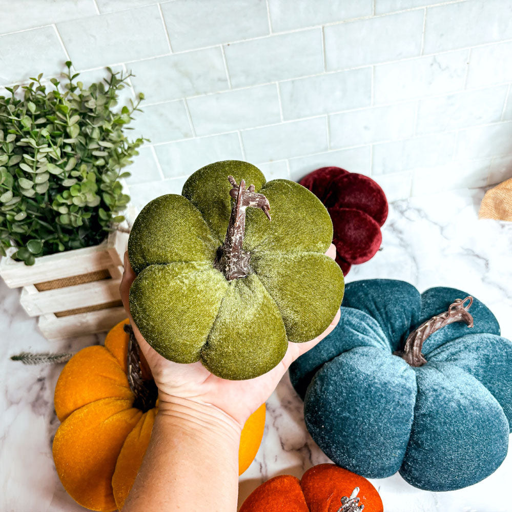 Velvet Pumpkins – Jewel-Tone Fall Mantel Decor