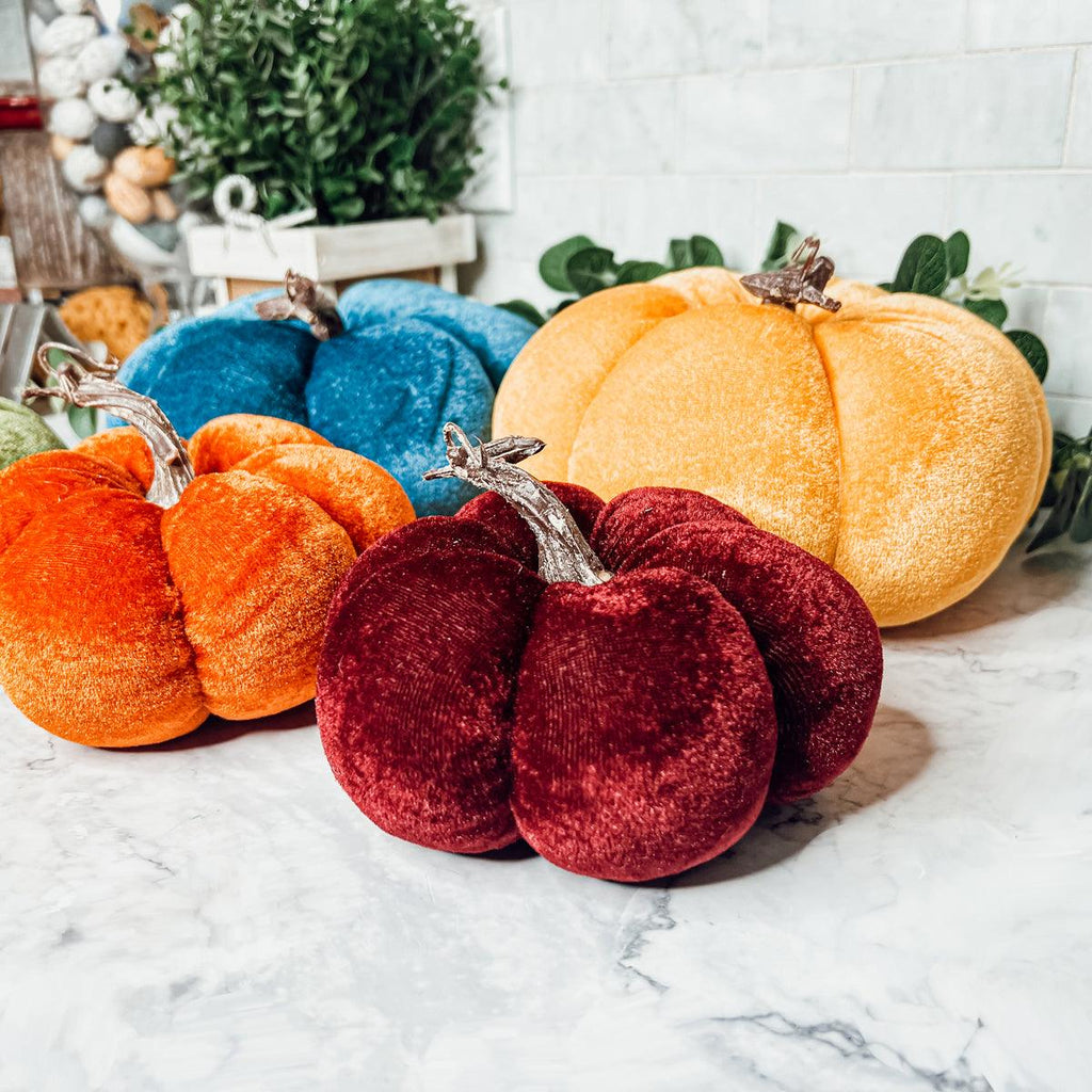 Velvet Pumpkins – Jewel-Tone Fall Mantel Decor