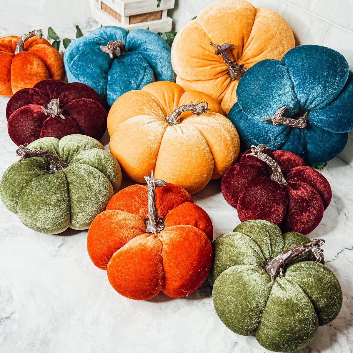 Velvet Pumpkins – Jewel-Tone Fall Mantel Decor