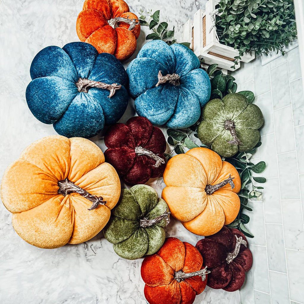 Velvet Pumpkins – Jewel-Tone Fall Mantel Decor