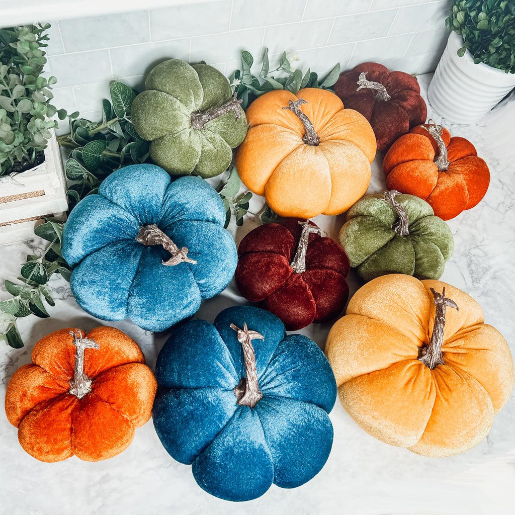 Velvet Pumpkins – Jewel-Tone Fall Mantel Decor