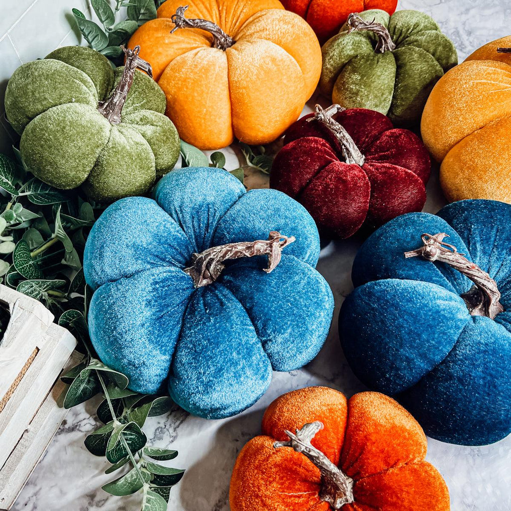 Velvet Pumpkins – Jewel-Tone Fall Mantel Decor