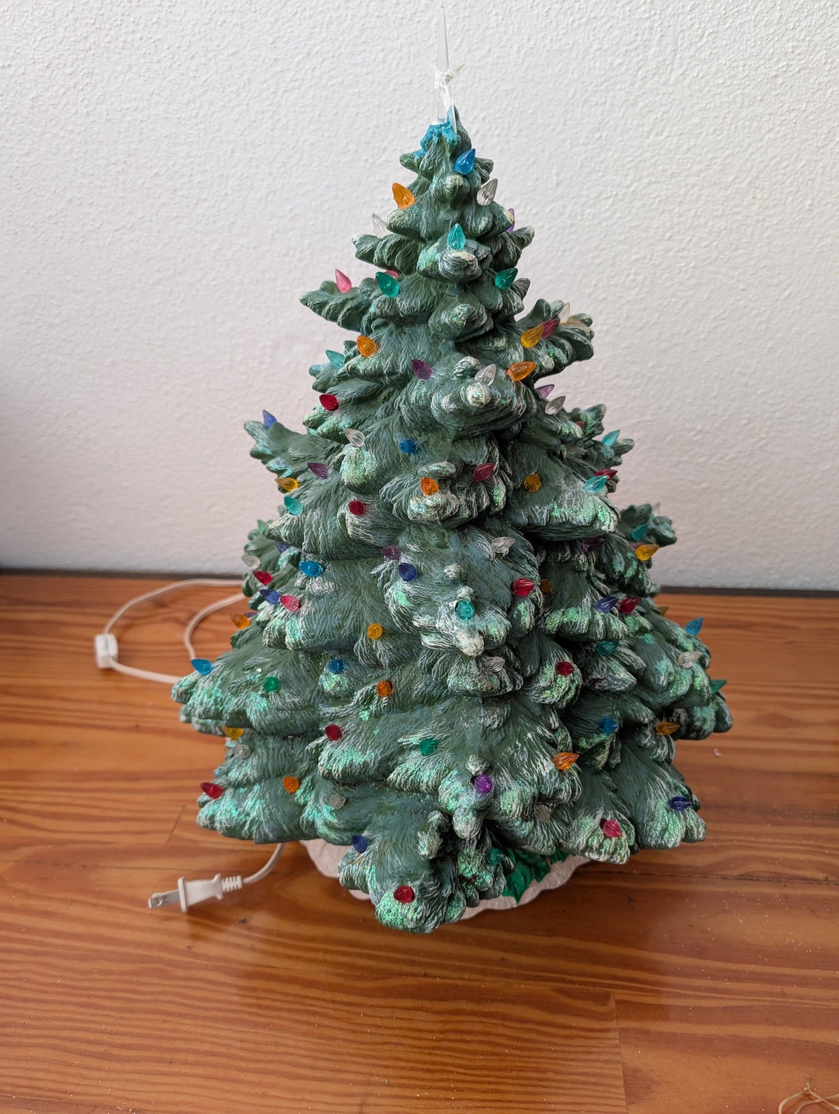 Large Ceramic Christmas Tree from Unknown - 1970s-1980s Holiday Decor (Ceramic, Plastic Lighting / Decor, Vintage, Traditional, Green, White, Multicolor)