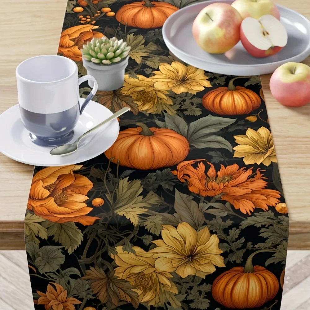 Autumn Harvest Pumpkin Linen Table Runner – Fall Thanksgiving