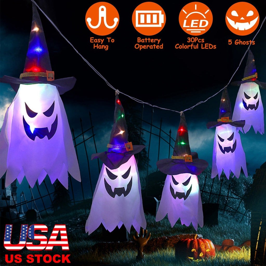 Ghost & Witch Hat Hanging Lantern String Lights – 11.6 ft