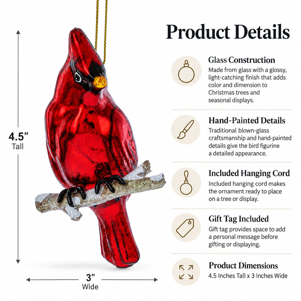 Red Cardinal Blown Glass Christmas Ornament
