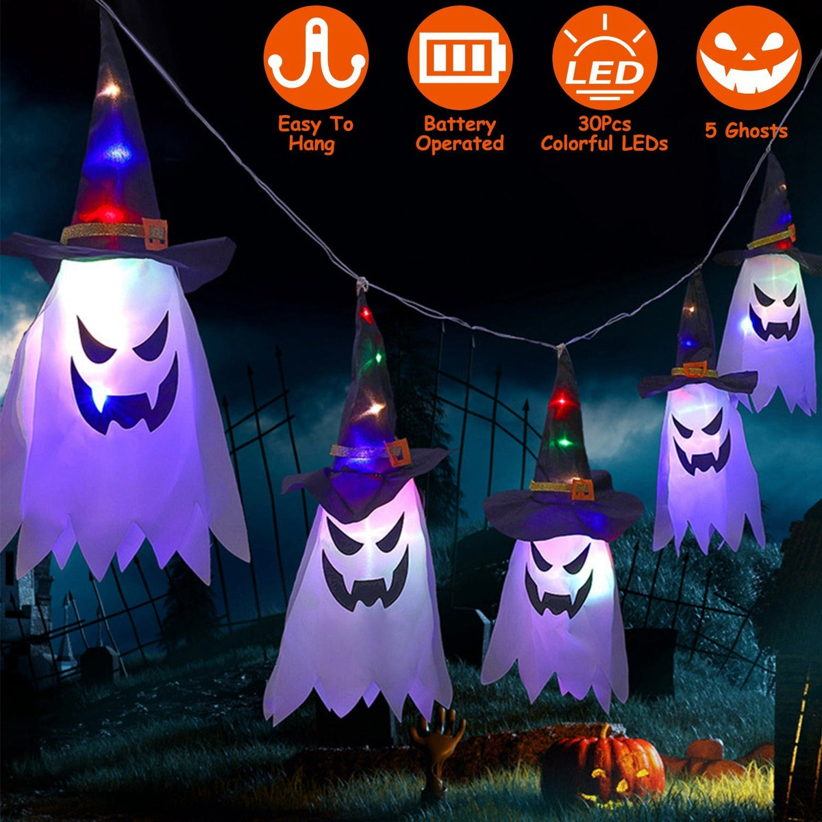Ghost & Witch Hat Hanging Lantern String Lights – 11.6 ft