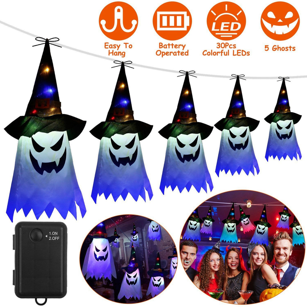 Ghost & Witch Hat Hanging Lantern String Lights – 11.6 ft