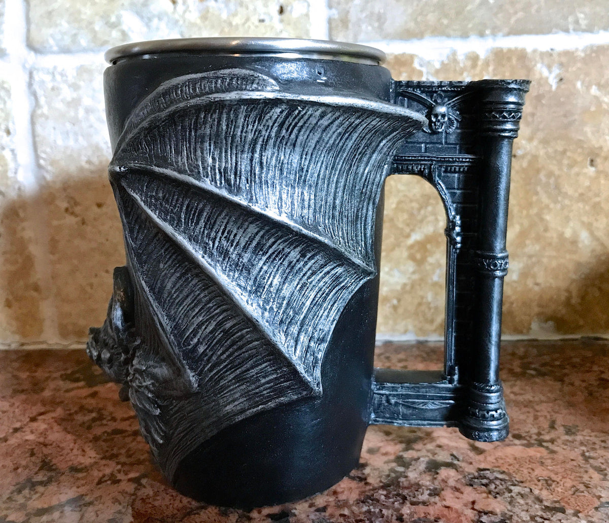 Vampire Bat Mug | Hand Sculpted Resin Gothic Art Mug with Stainless Steel Liner| Spooky Bat Mug, Halloween Gift and Gothic Home Decor