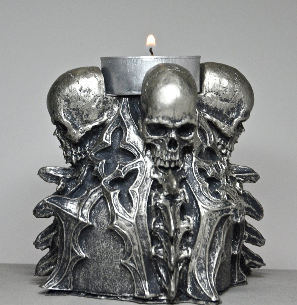 Gothic Skull Tea Light Holder – Hand-Painted Resin