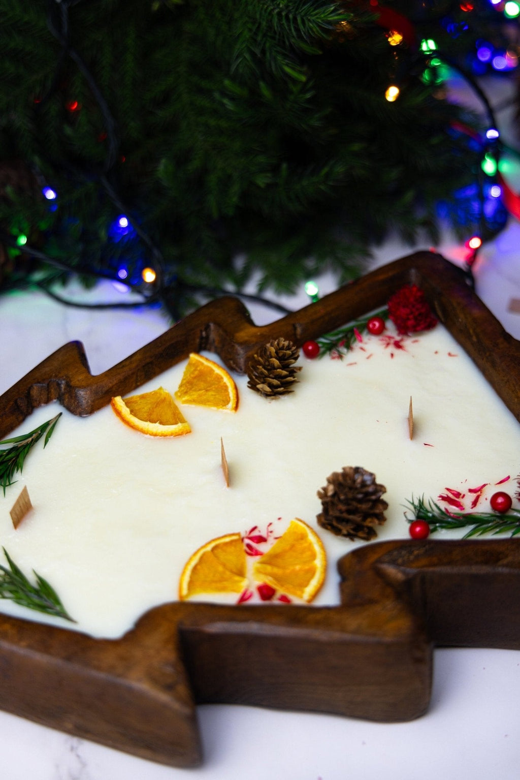 Christmas Tree Wooden Dough Bowl Candle – Large Centerpiece