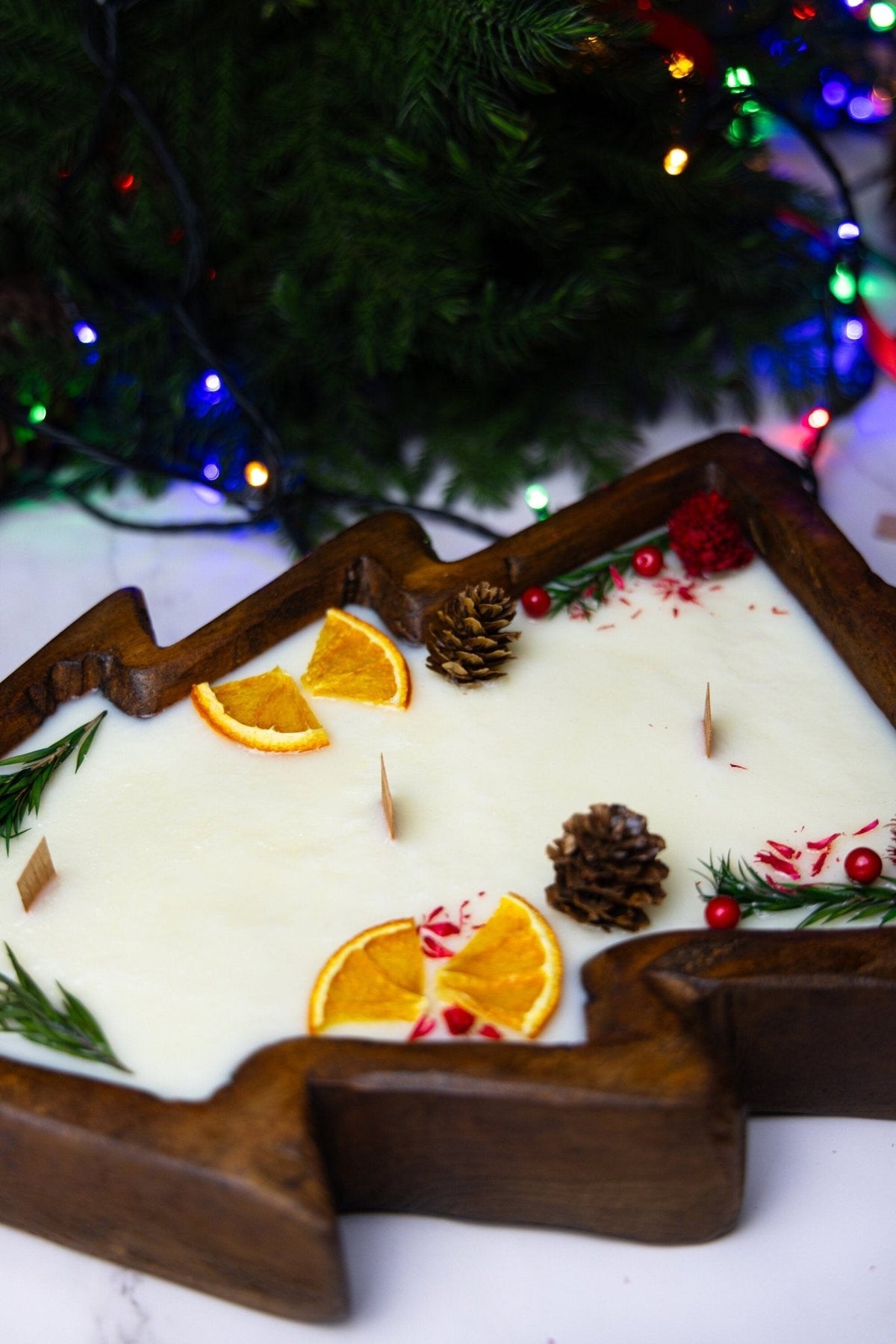 Christmas Tree Wooden Dough Bowl Candle – Large Centerpiece
