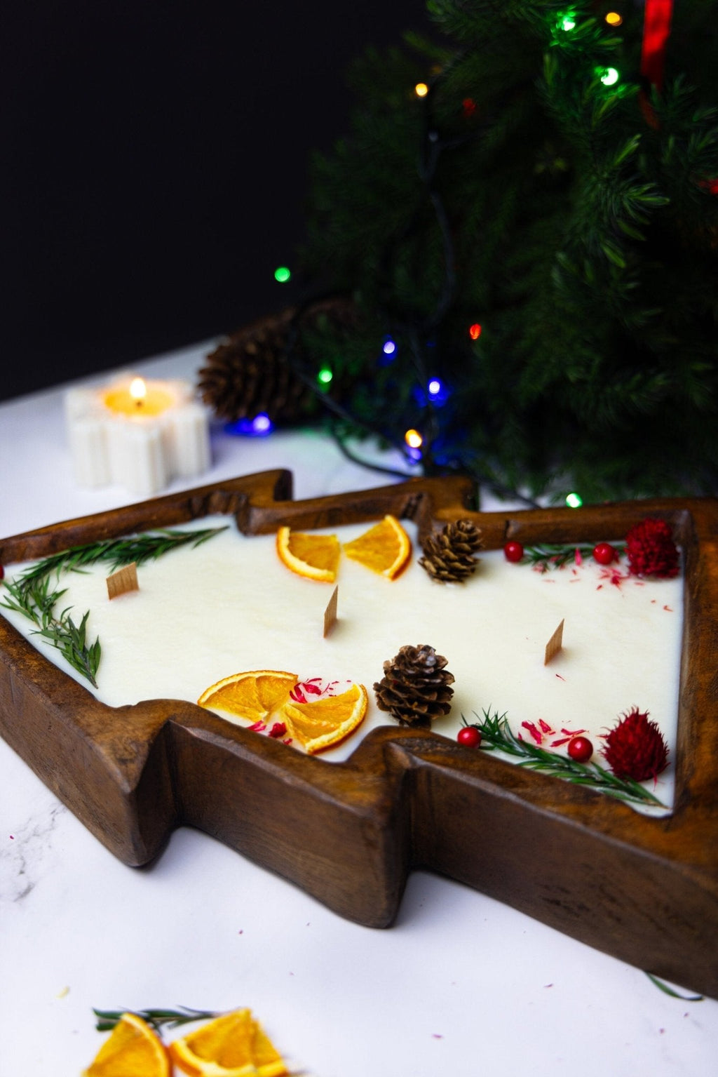 Christmas Tree Wooden Dough Bowl Candle – Large Centerpiece
