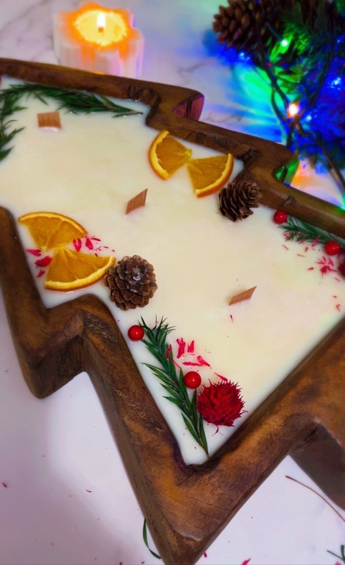 Christmas Tree Wooden Dough Bowl Candle – Large Centerpiece