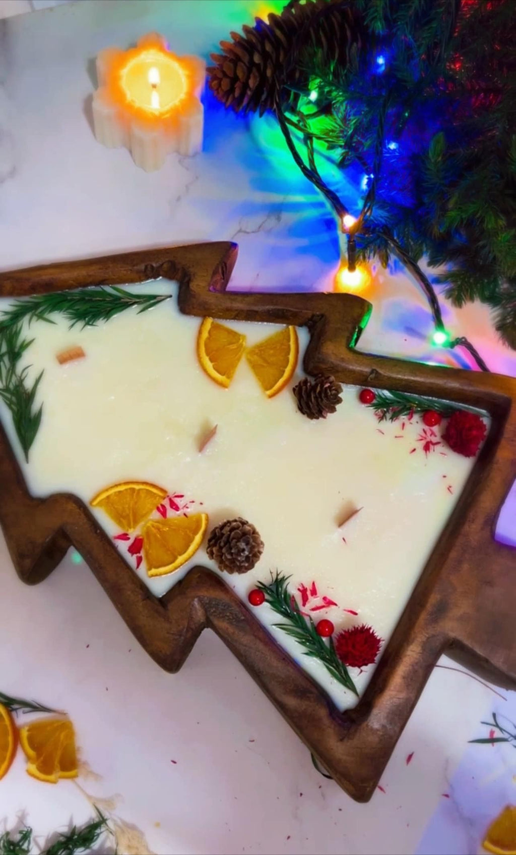 Christmas Tree Wooden Dough Bowl Candle – Large Centerpiece